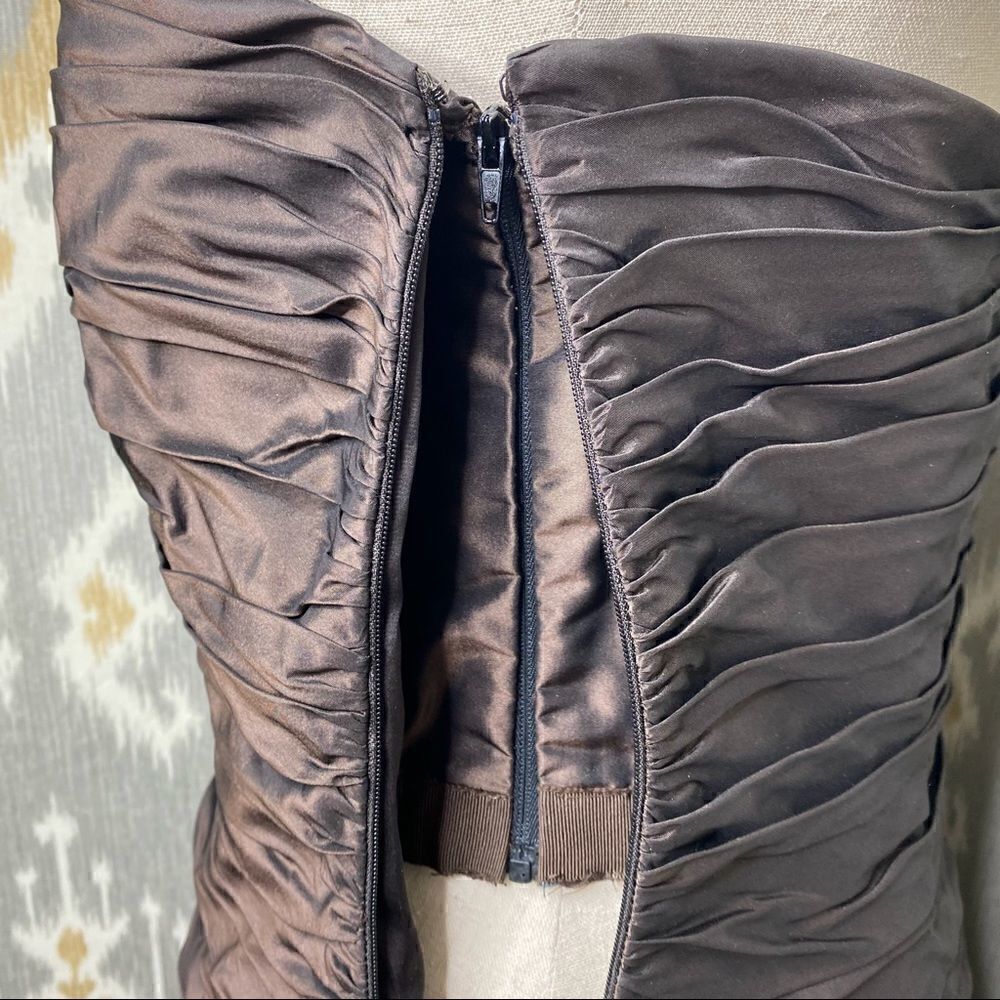 Ralph Lauren Vintage Brown Ruched Silk Taffeta Pheasant Feather Cocktail Dress - Picture 15 of 16